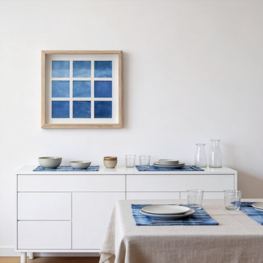 Indigo-Dyed Wall Art – Handmade Square Grid Print | Framed & Unframed Minimalist Decor