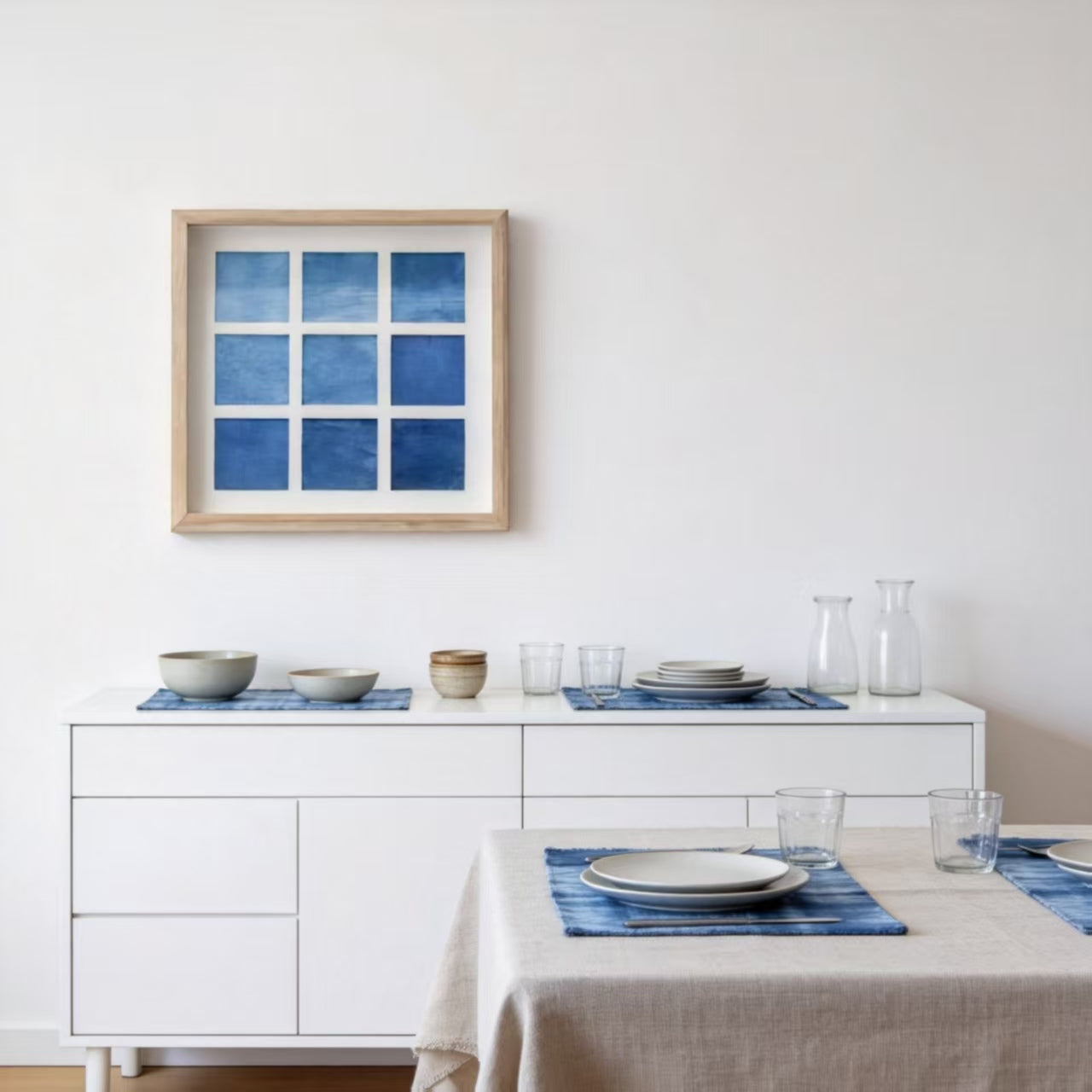 Indigo-Dyed Wall Art – Handmade Square Grid Print | Framed & Unframed Minimalist Decor