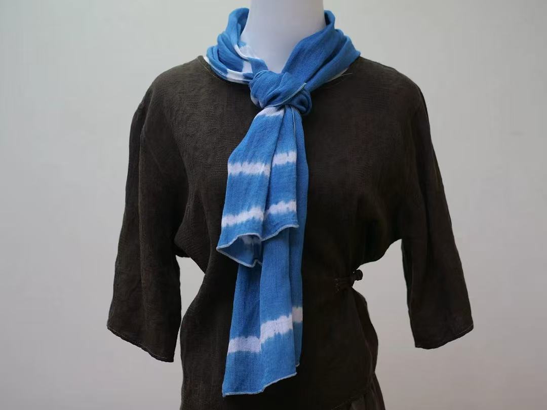 Handmade Indigo Tie-Dye Scarf ，Cotton Boho Shibori Scarf, Lightweight Blue & White Neck Wrap