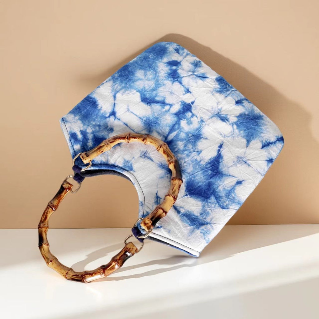 Indigo-Dyed Bamboo Handle Tote Bag – Handmade Artisan Purse | Boho Style