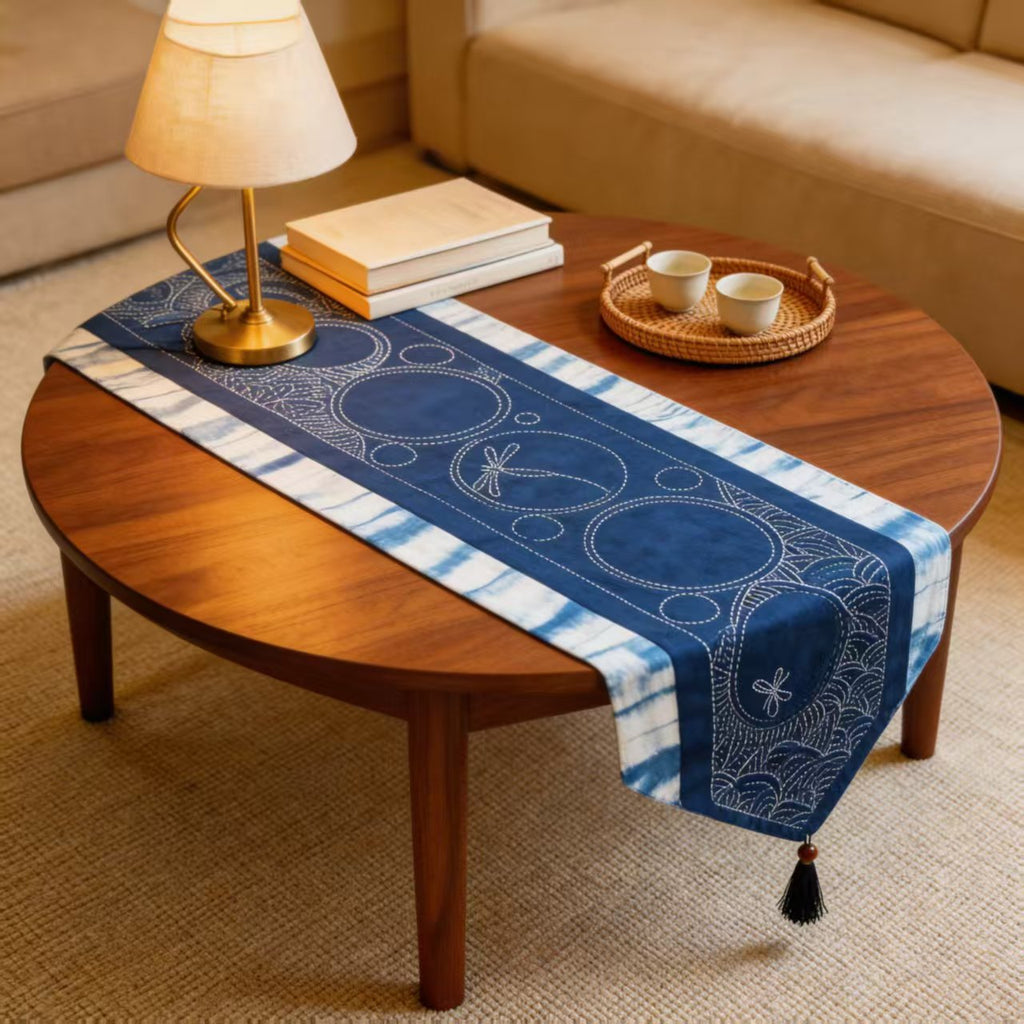 Handcrafted Shibori Indigo Table Runner | Embroidered Dragonfly & Tassel | Cotton Boho Decor