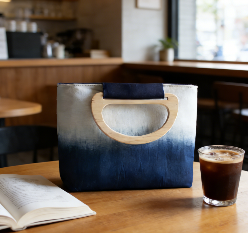 Indigo-Dyed Mini Tote Bag – Handmade Wood Handle Purse | Boho Gift