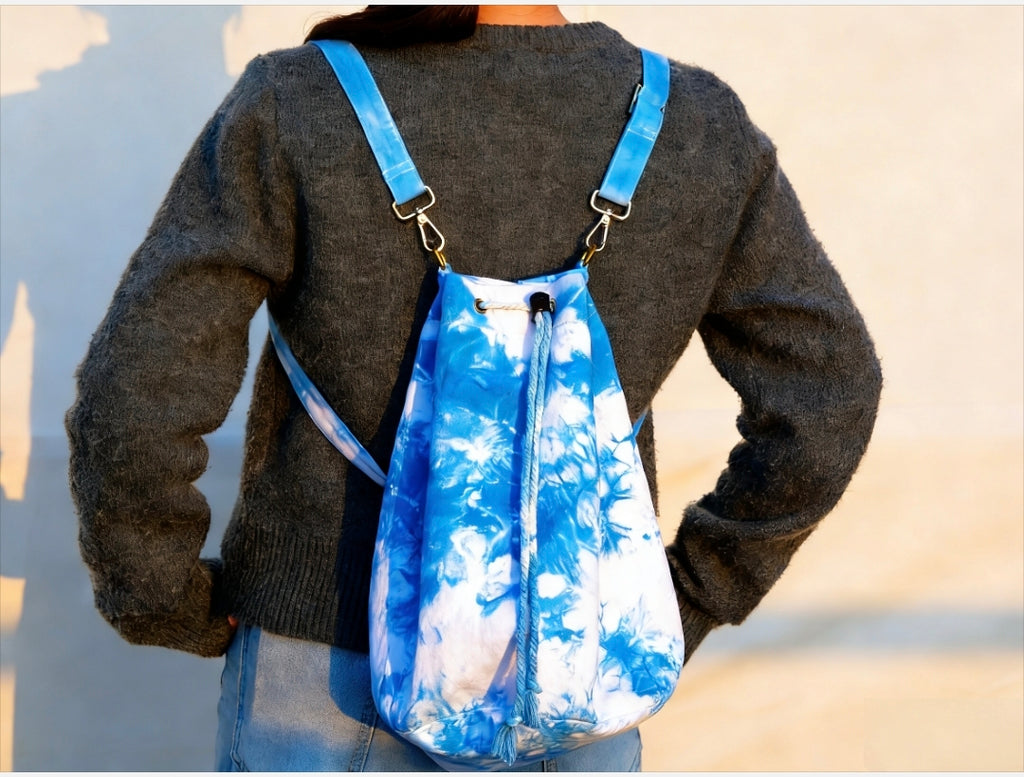 Hand-Dyed Indigo Drawstring Backpack | Shibori Cotton Boho Travel Bag