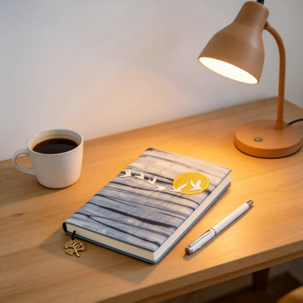 Indigo-Dyed Notebook Cover – Handmade Sun & Crane Embroidery | A5 A6 Journal