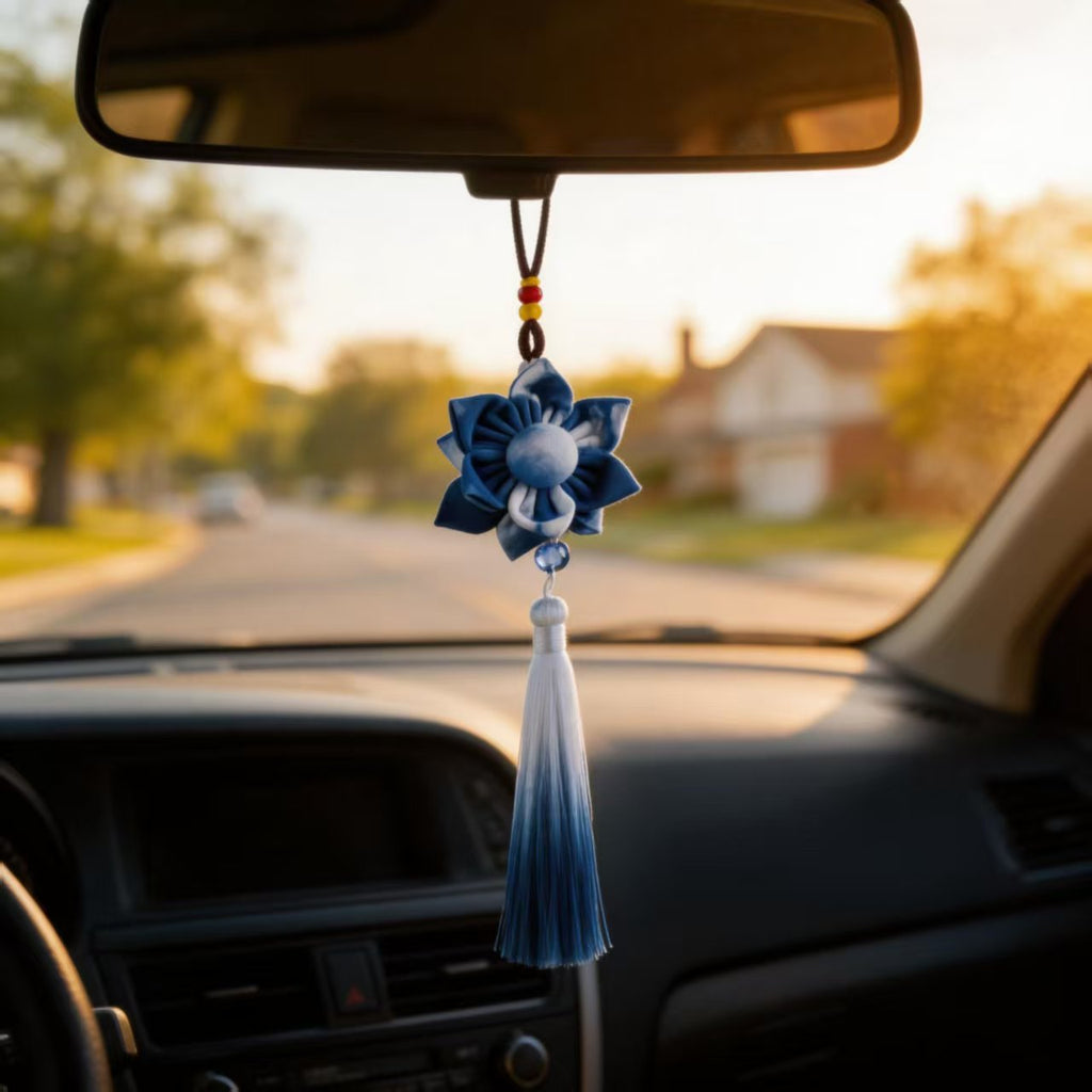Indigo Fabric Flower Charm – Handmade Tie-Dye Ornament | Artisan Boho Gift