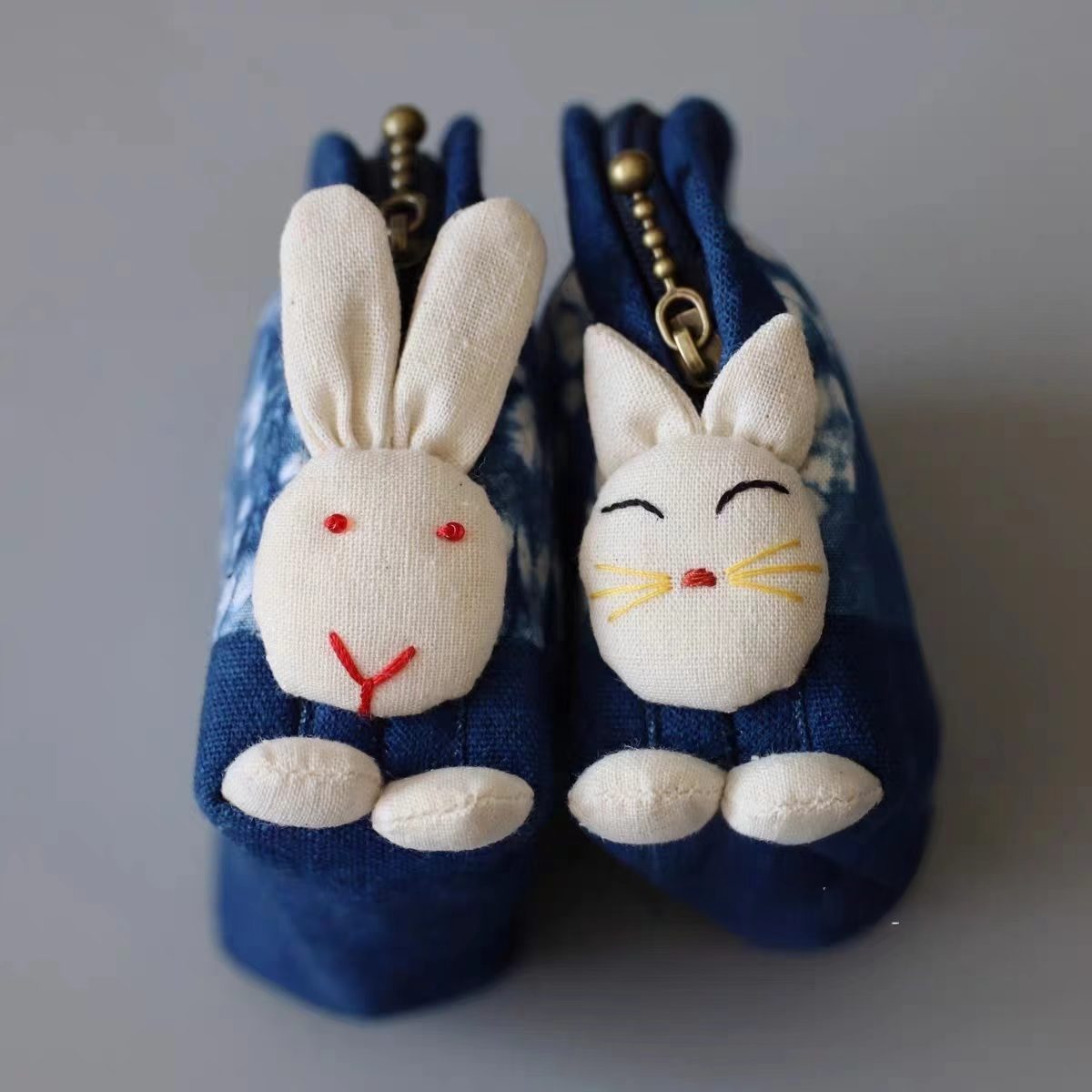 Indigo-Dyed Bunny Makeup Pouch – Handmade Tie-Dye Coin Purse | Cute Boho Gift