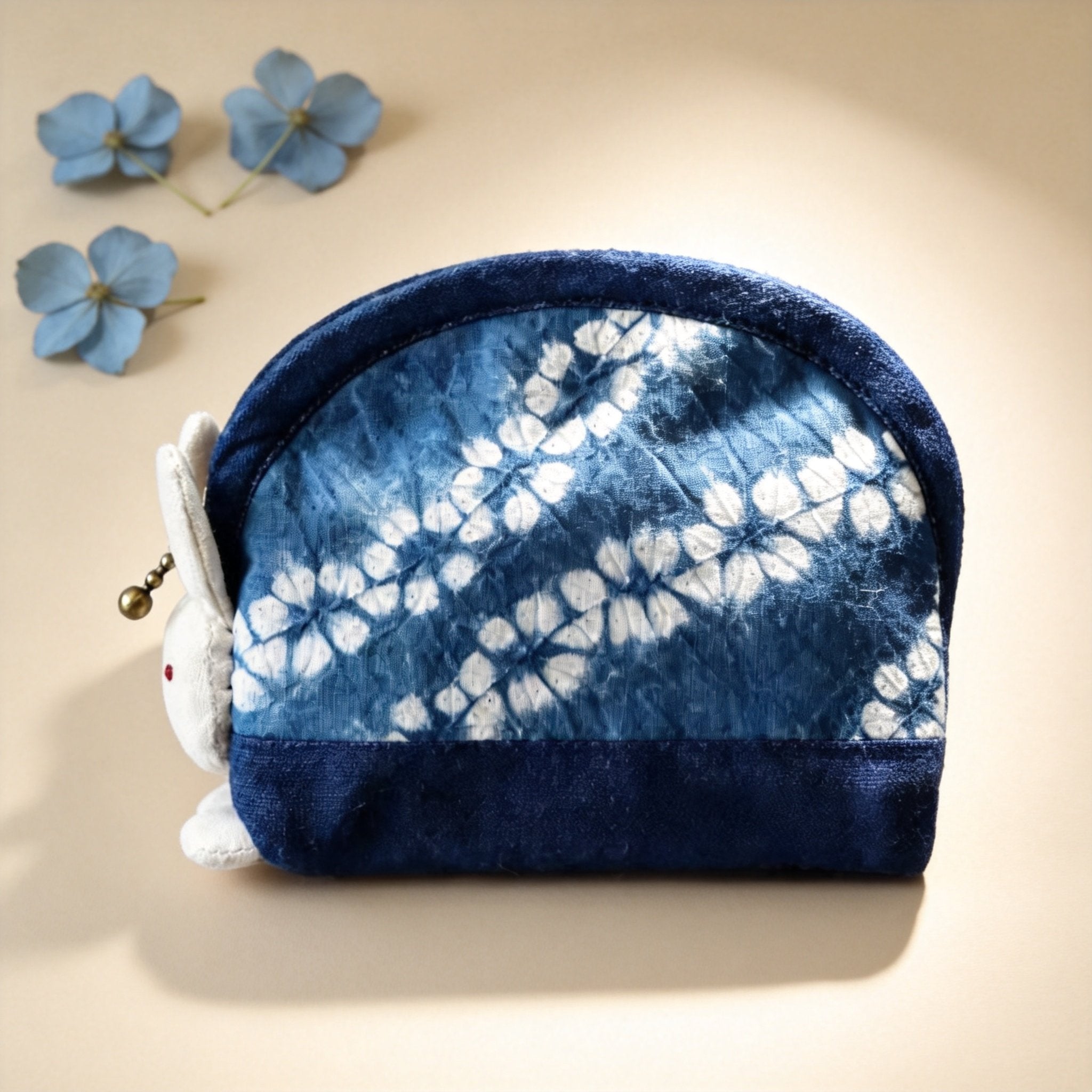 Indigo-Dyed Bunny Makeup Pouch – Handmade Tie-Dye Coin Purse | Cute Boho Gift