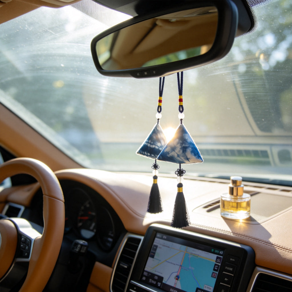 Indigo-Dyed Zongzi Charm – Handmade Shibori Tassel Bag & Car Ornament