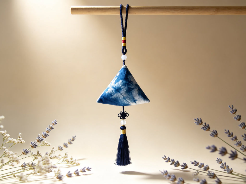 Indigo-Dyed Zongzi Charm – Handmade Shibori Tassel Bag & Car Ornament