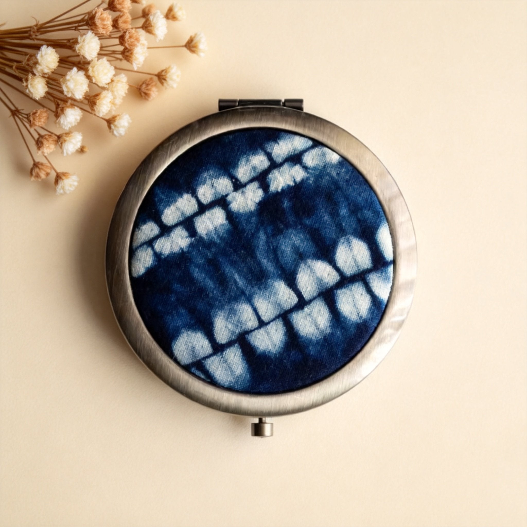 Indigo-Dyed Compact Mirror – Handmade Shibori Double-Sided Pocket Mirror | Boho Gift