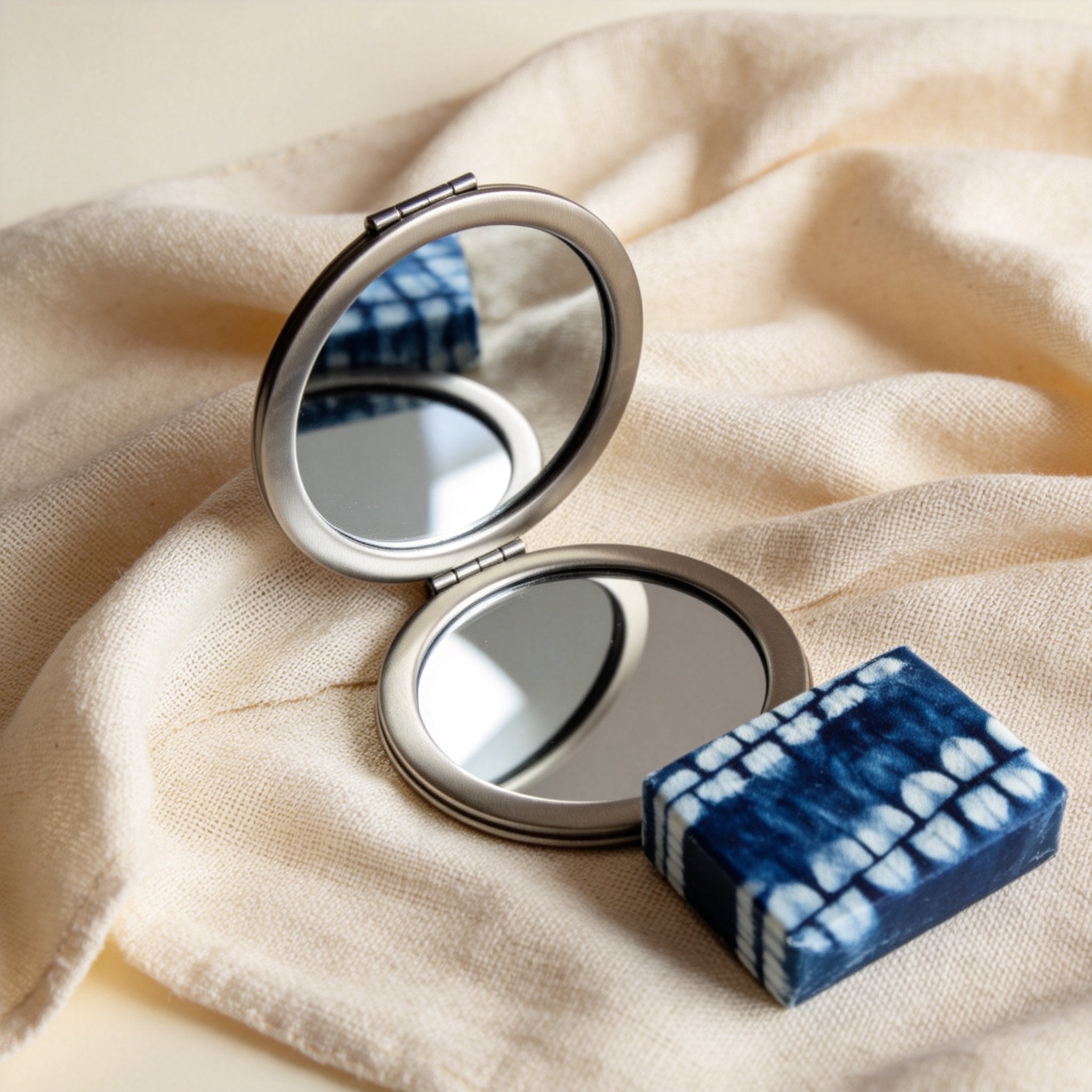 Indigo-Dyed Compact Mirror – Handmade Shibori Double-Sided Pocket Mirror | Boho Gift