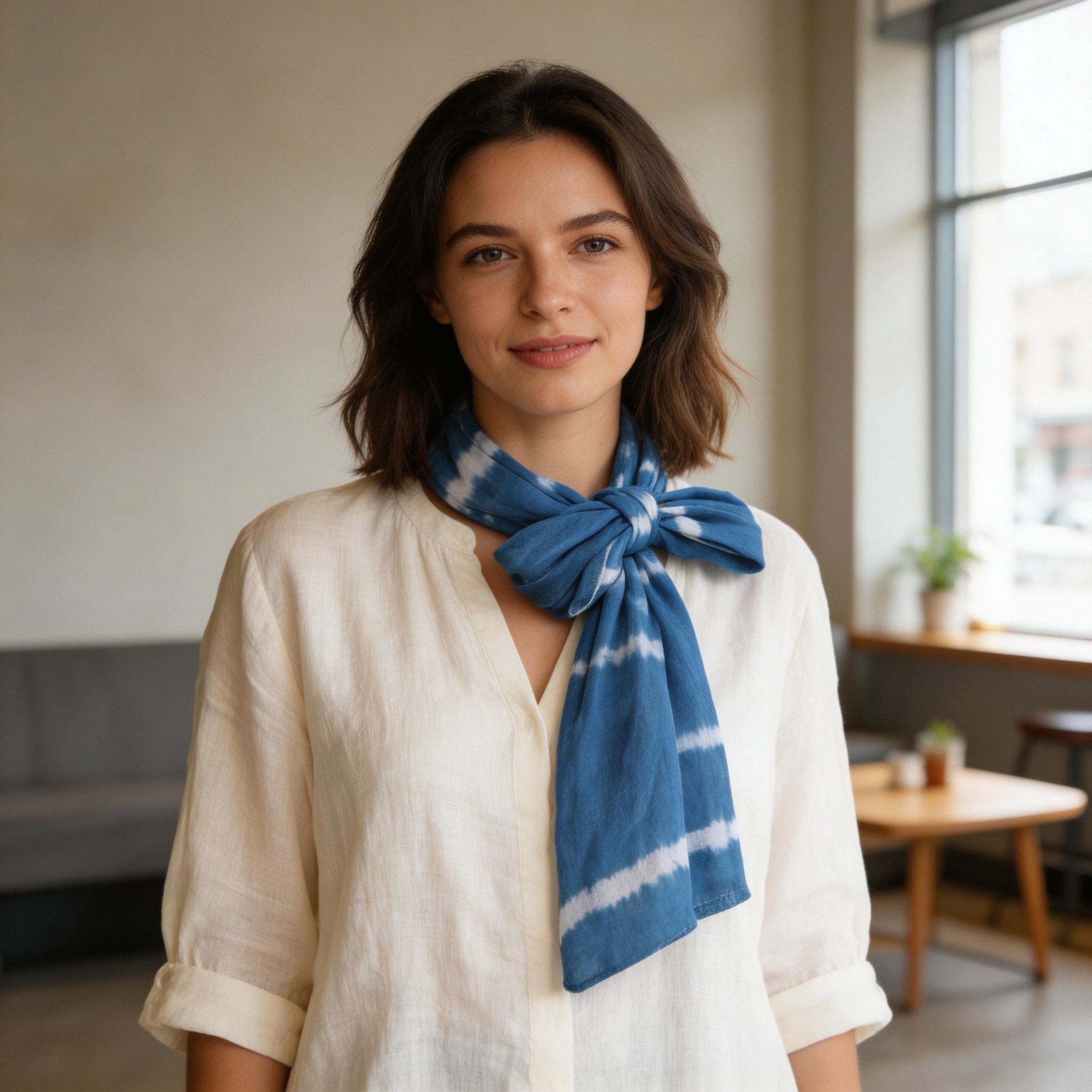 Indigo-Dyed Scarf – Handmade Shibori Cotton Shawl | Boho Tassel Neck Wrap