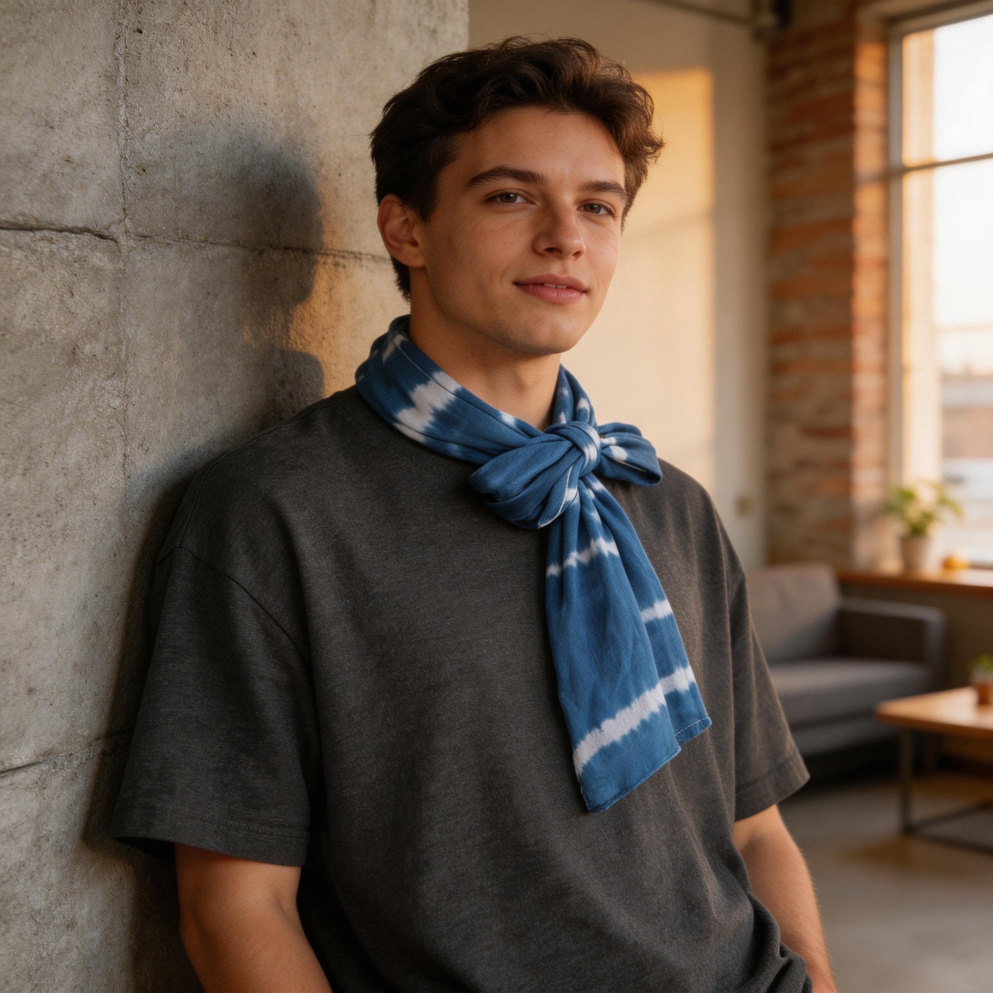 Indigo-Dyed Scarf – Handmade Shibori Cotton Shawl | Boho Tassel Neck Wrap