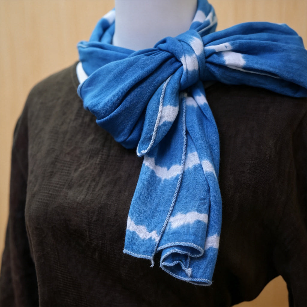 Indigo-Dyed Scarf – Handmade Shibori Cotton Shawl | Boho Tassel Neck Wrap