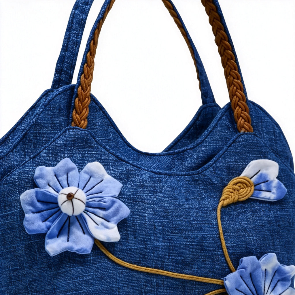 Indigo-Dyed Handbag – Handmade 3D Floral Ethnic Crossbody Bag | Chinese Artisan Style