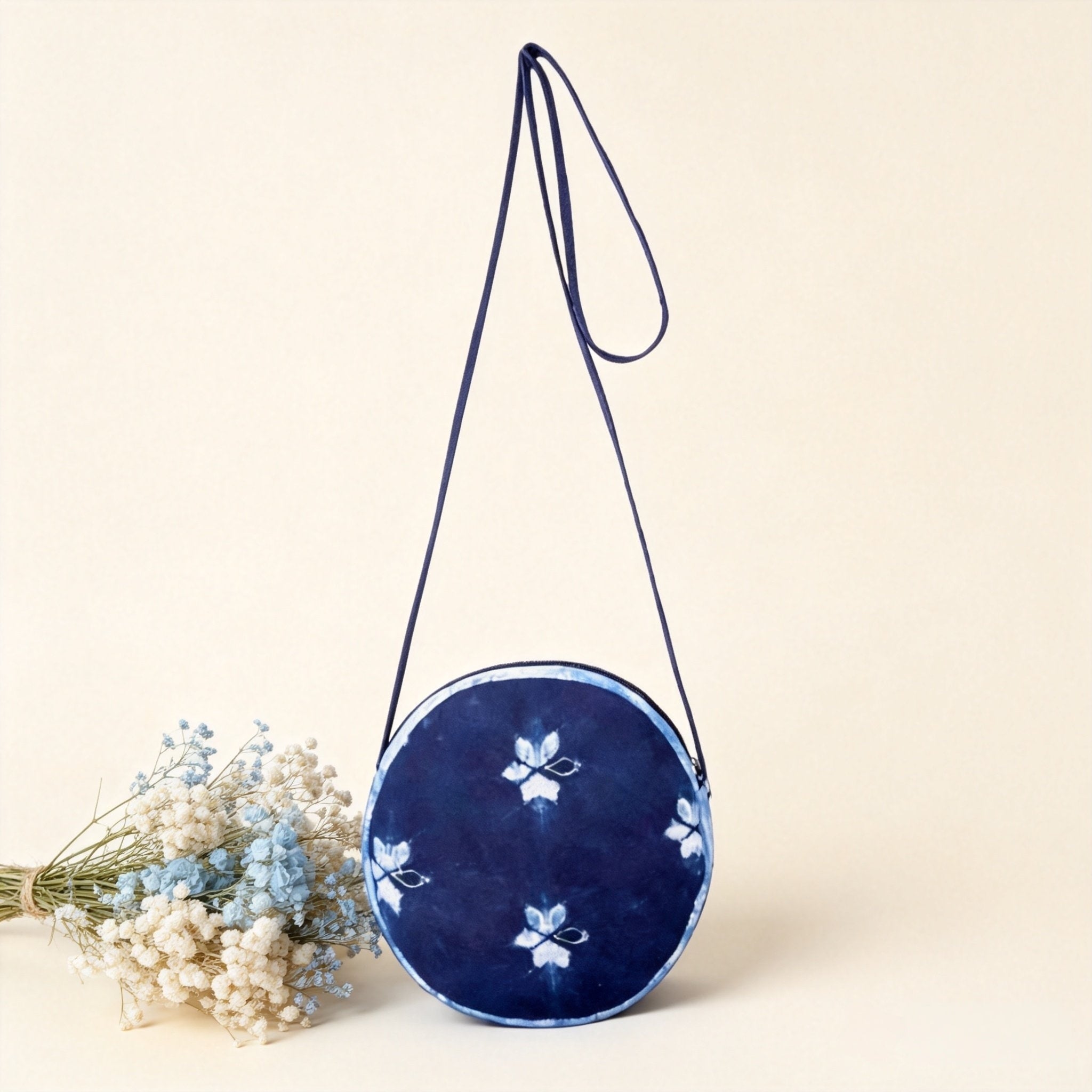 Indigo-Dyed Round Mini Crossbody Bag – Handmade Floral Ethnic Boho Purse for Women