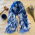 Indigo-Dyed Scarf – Handmade Shibori Geometric Patchwork Cotton Shawl | Boho Tassel Wrap