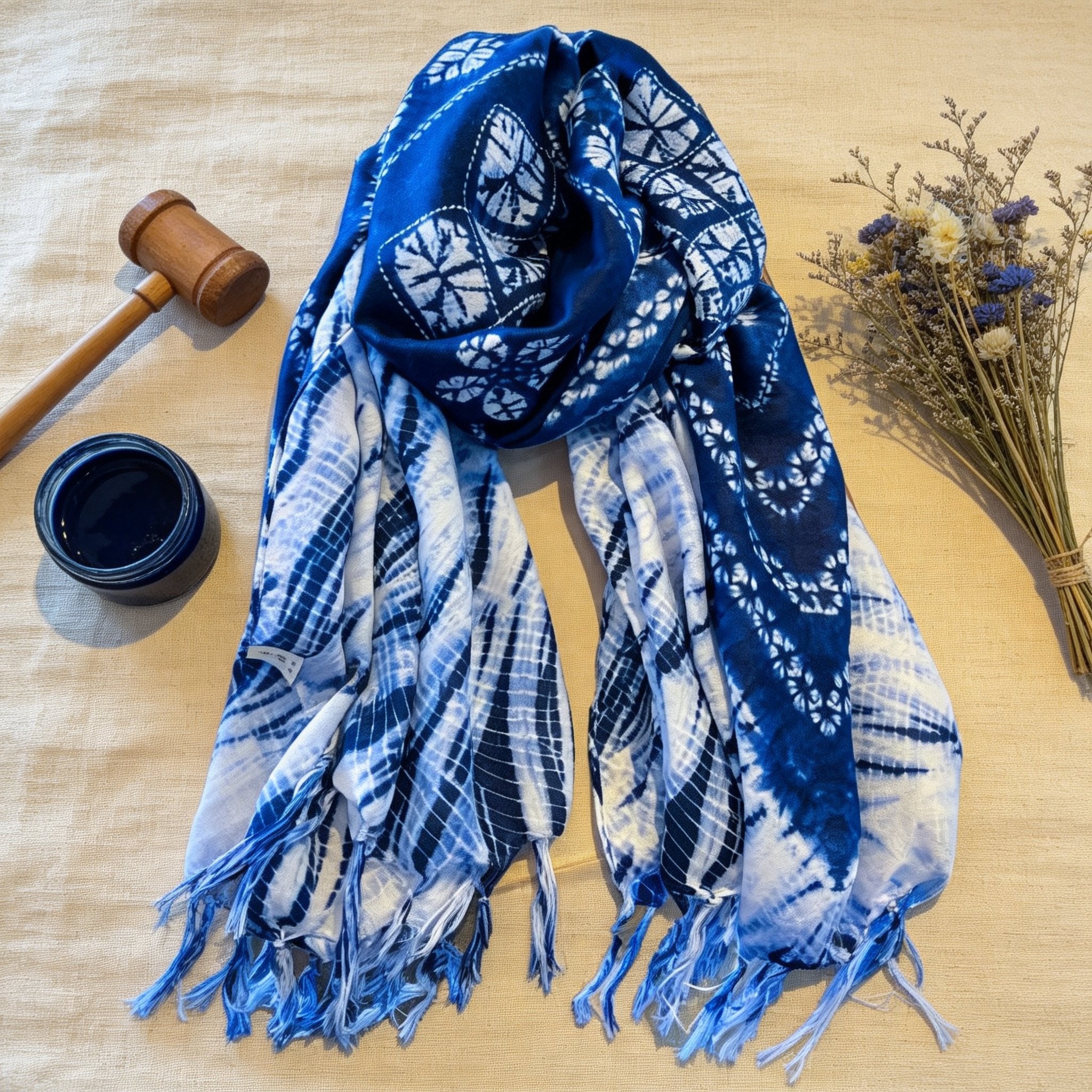 Indigo-Dyed Scarf – Handmade Shibori Geometric Patchwork Cotton Shawl | Boho Tassel Wrap