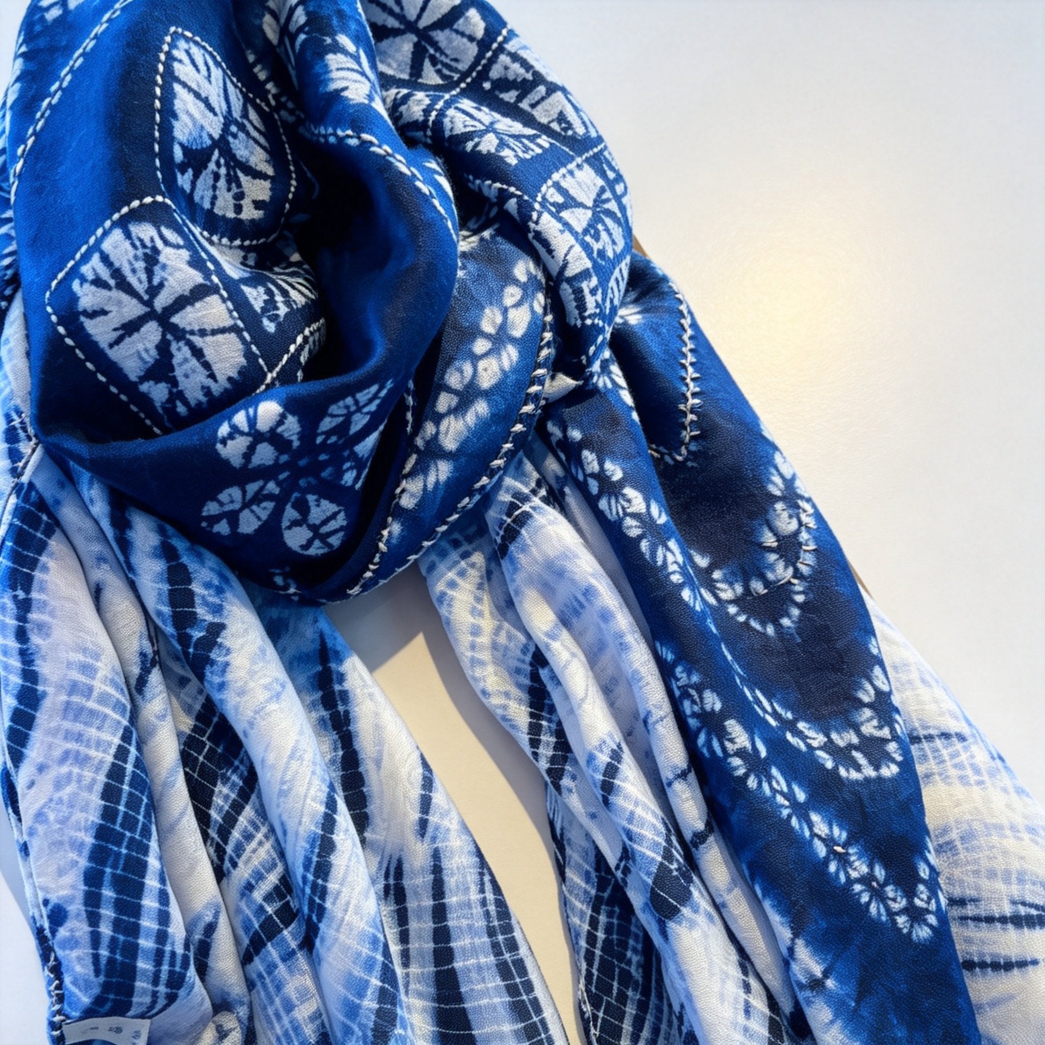 Indigo-Dyed Scarf – Handmade Shibori Geometric Patchwork Cotton Shawl | Boho Tassel Wrap