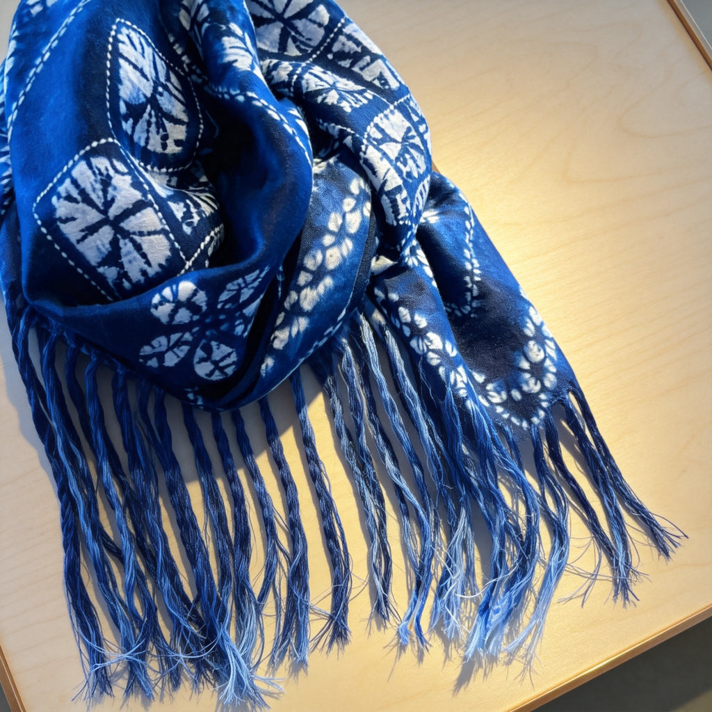 Indigo-Dyed Scarf – Handmade Shibori Geometric Patchwork Cotton Shawl | Boho Tassel Wrap