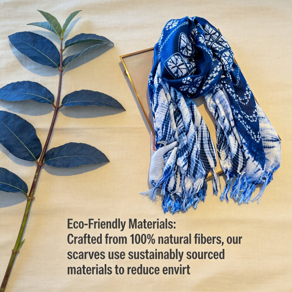 Indigo-Dyed Scarf – Handmade Shibori Geometric Patchwork Cotton Shawl | Boho Tassel Wrap