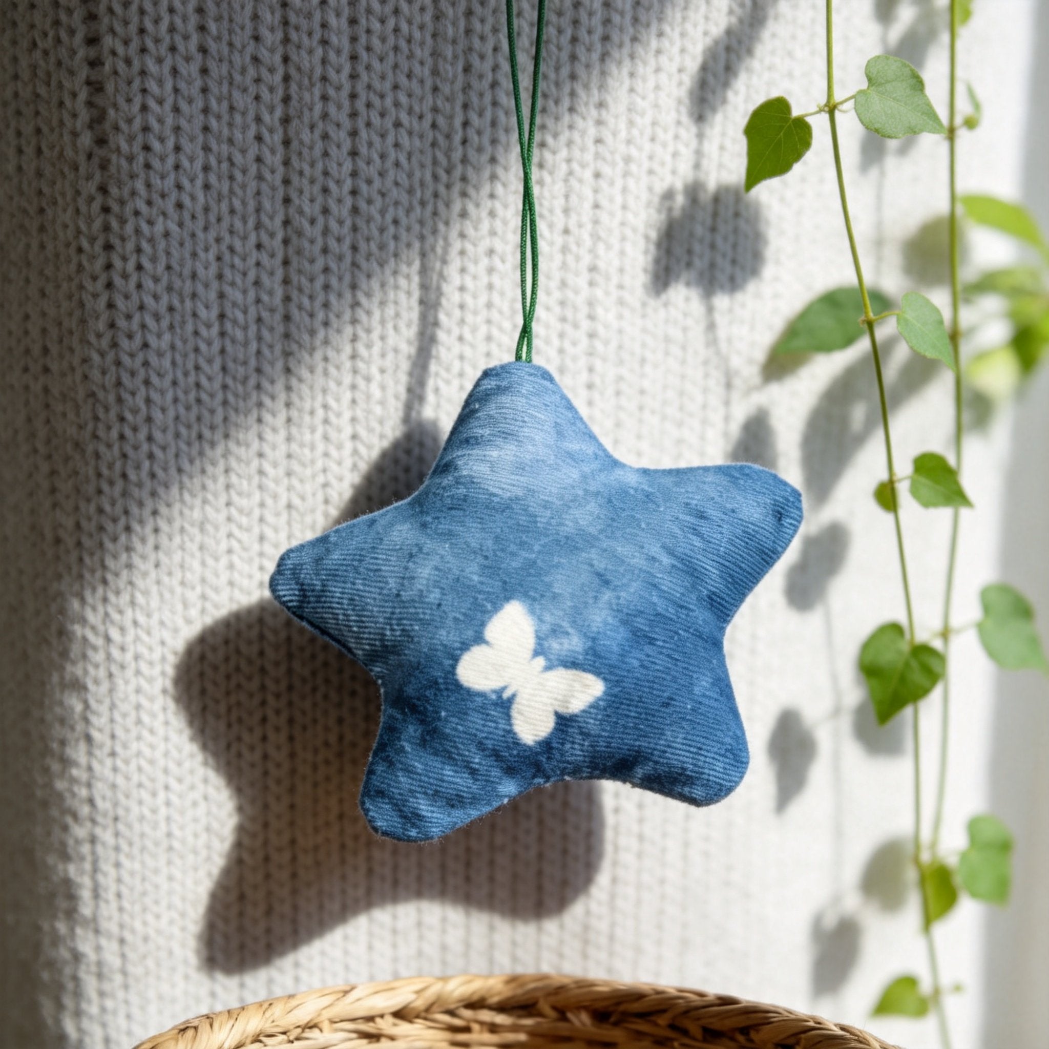 Indigo-Dyed Star Ornament – Handmade Cotton Butterfly Pattern Hanging Charm | Artisan Gift