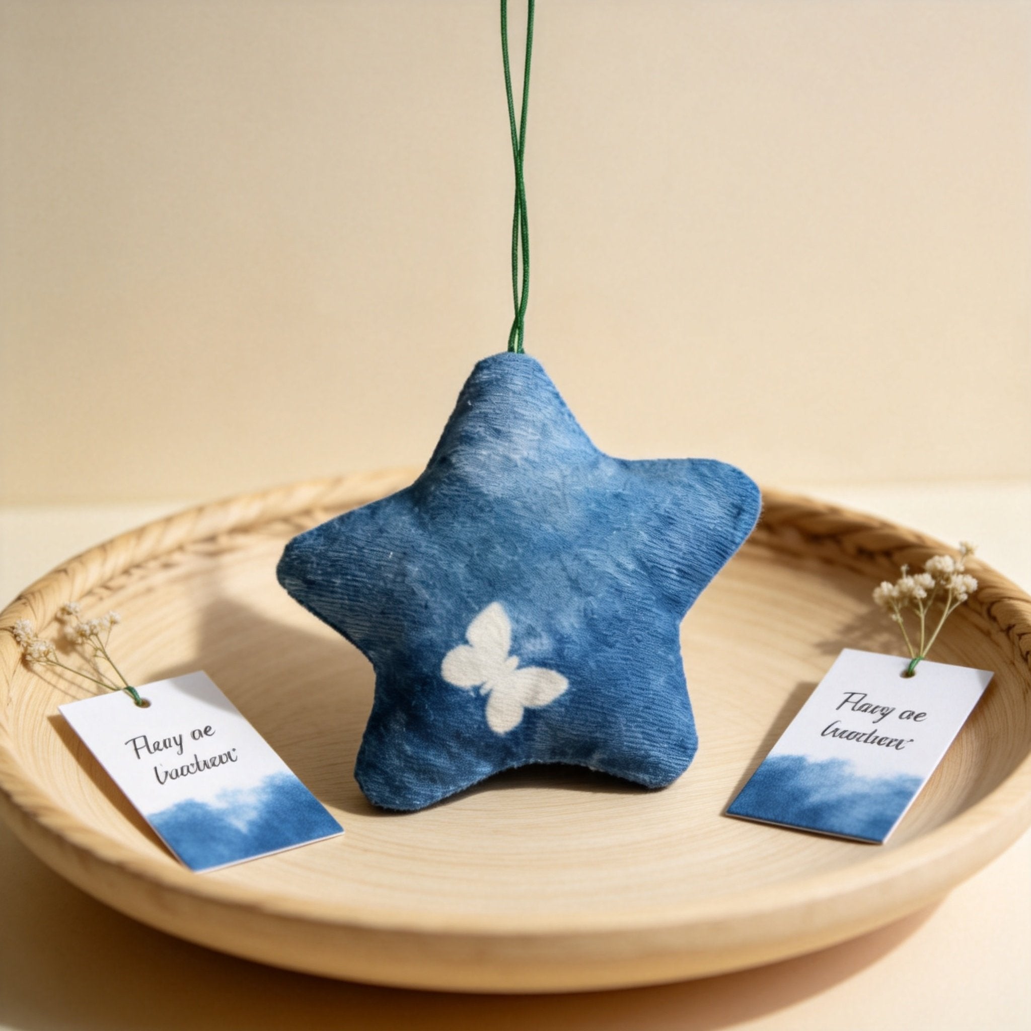 Indigo-Dyed Star Ornament – Handmade Cotton Butterfly Pattern Hanging Charm | Artisan Gift
