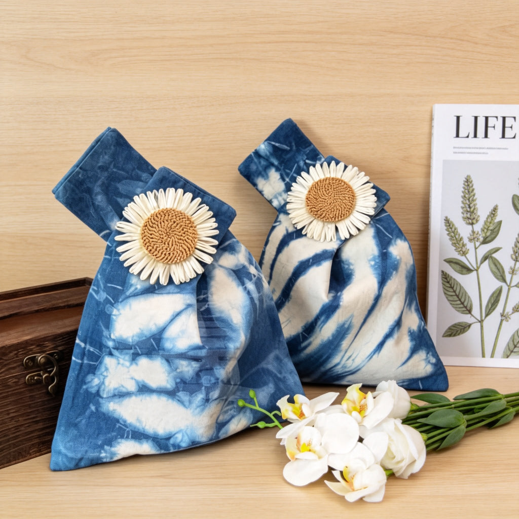 Indigo-Dyed Wristlet Bag – Handmade Floral Cotton Clutch | Boho Artisan Gift