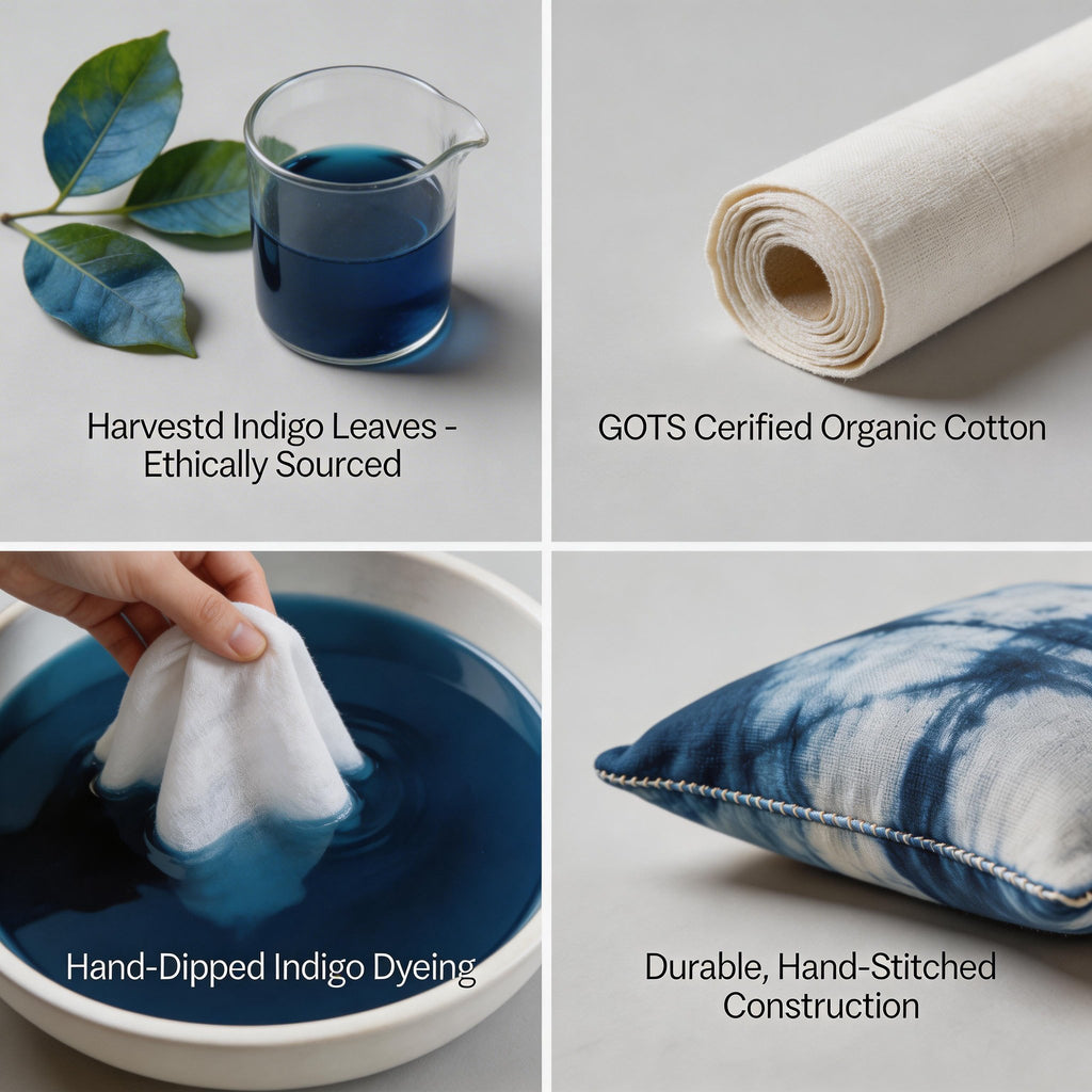Indigo-Dyed Cotton Pillow Cover – Handmade Tie-Dye Throw Cushion | Boho Home Decor