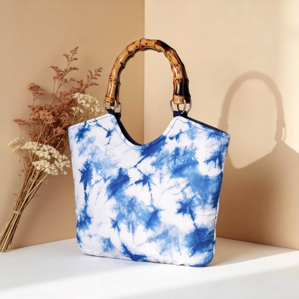 Indigo-Dyed Bamboo Handle Tote Bag – Handmade Artisan Purse | Boho Style