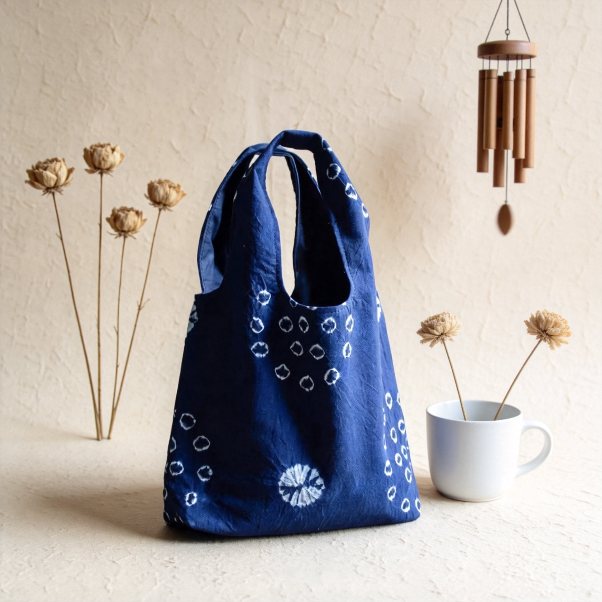 Indigo-Dyed Mini Tote Bag – Handmade Cotton-Linen Pouch | Boho Key & Coin Bag