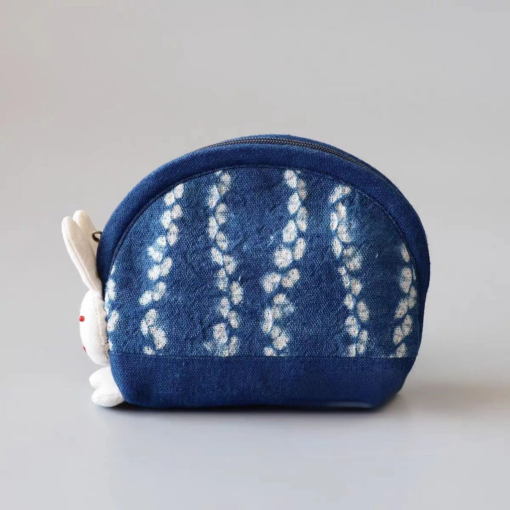 Indigo-Dyed Bunny Makeup Pouch – Handmade Tie-Dye Coin Purse | Cute Boho Gift