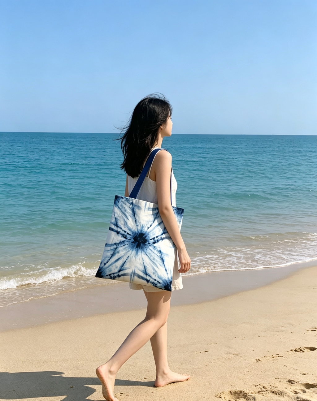 Medium Indigo Radial Tie-Dye Canvas Tote Bag, Eco Friendly Reusable Shoulder Bag for Beach, School & Urban Daily Use