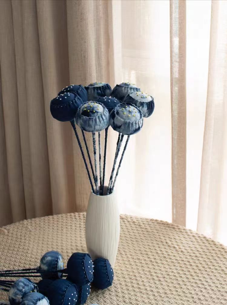 Hand-Dyed Indigo Lotus Pod | 3D Batik Cotton Fabric Floral Decor