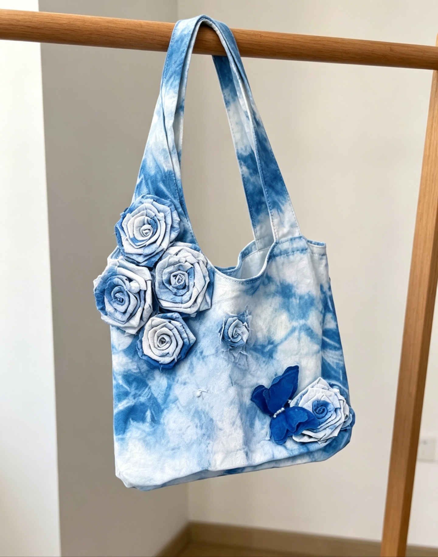 Natural Indigo Shibori Hand Tie Dye Canvas Tote Bag, 3D Fabric Rose Butterfly Decor Bohemian Shoulder Bag for Travel, Daily & Vintage Chinese Outfit