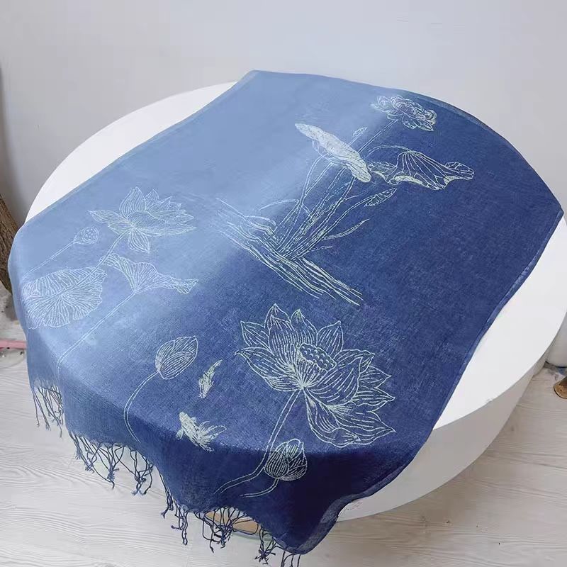 Indigo Batik Linen Shawl — Hand-Dyed Gradient Fringe Scarf