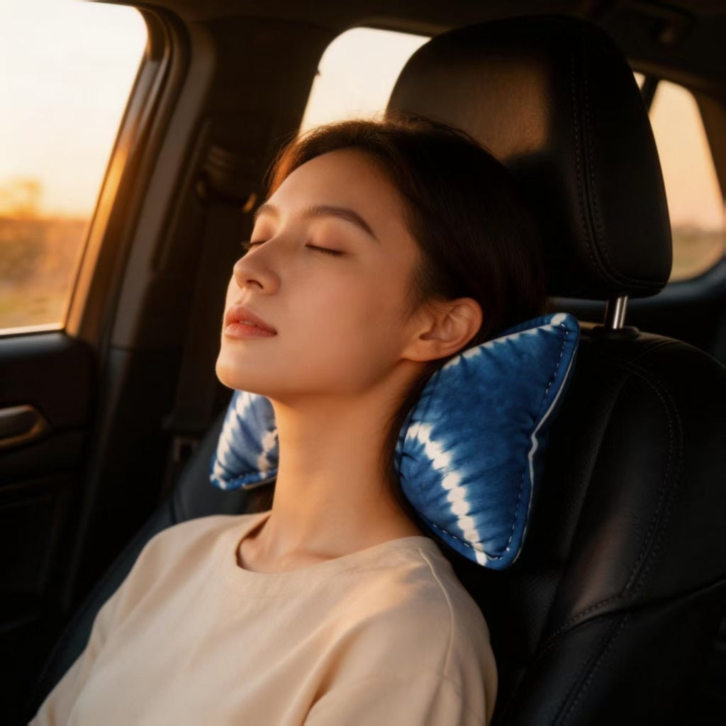 Indigo Tie-Dye Car Neck Pillow – Handmade Shibori Cotton Head Support
