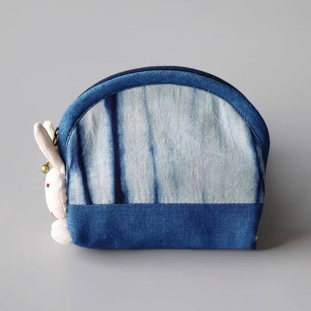 Indigo-Dyed Bunny Makeup Pouch – Handmade Tie-Dye Coin Purse | Cute Boho Gift