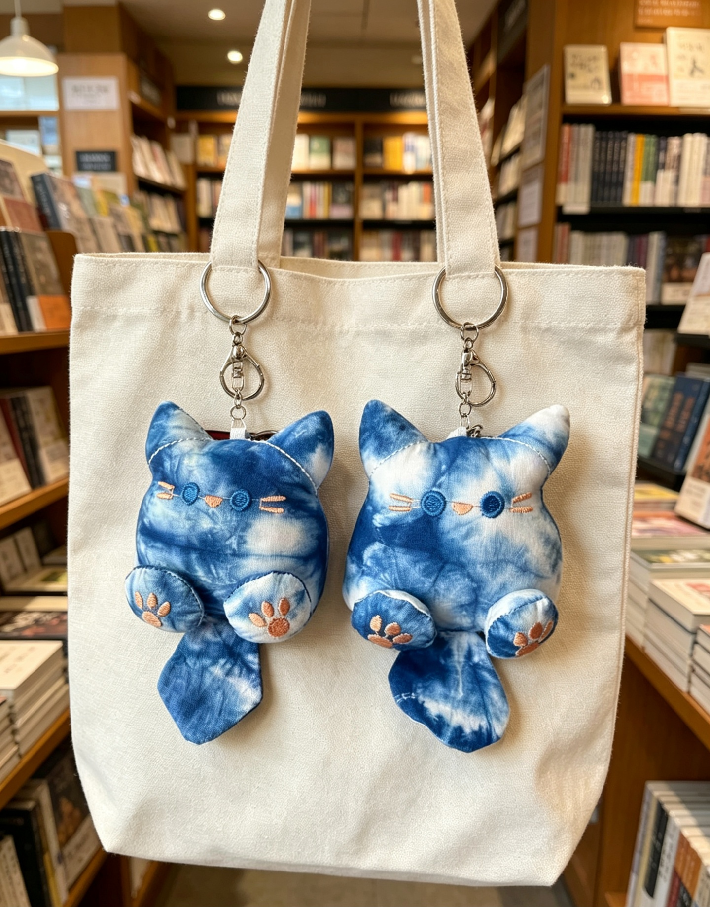 Indigo Shibori Hand Tie Dye Mini Cat Plush Keychain, Bohemian Soft Kitten Bag Charm Ornament for Backpack, Tote Bag & Key Gift