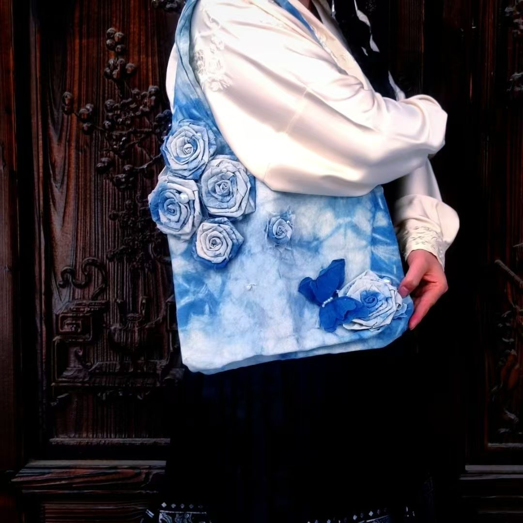 Natural Indigo Shibori Hand Tie Dye Canvas Tote Bag, 3D Fabric Rose Butterfly Decor Bohemian Shoulder Bag for Travel, Daily & Vintage Chinese Outfit