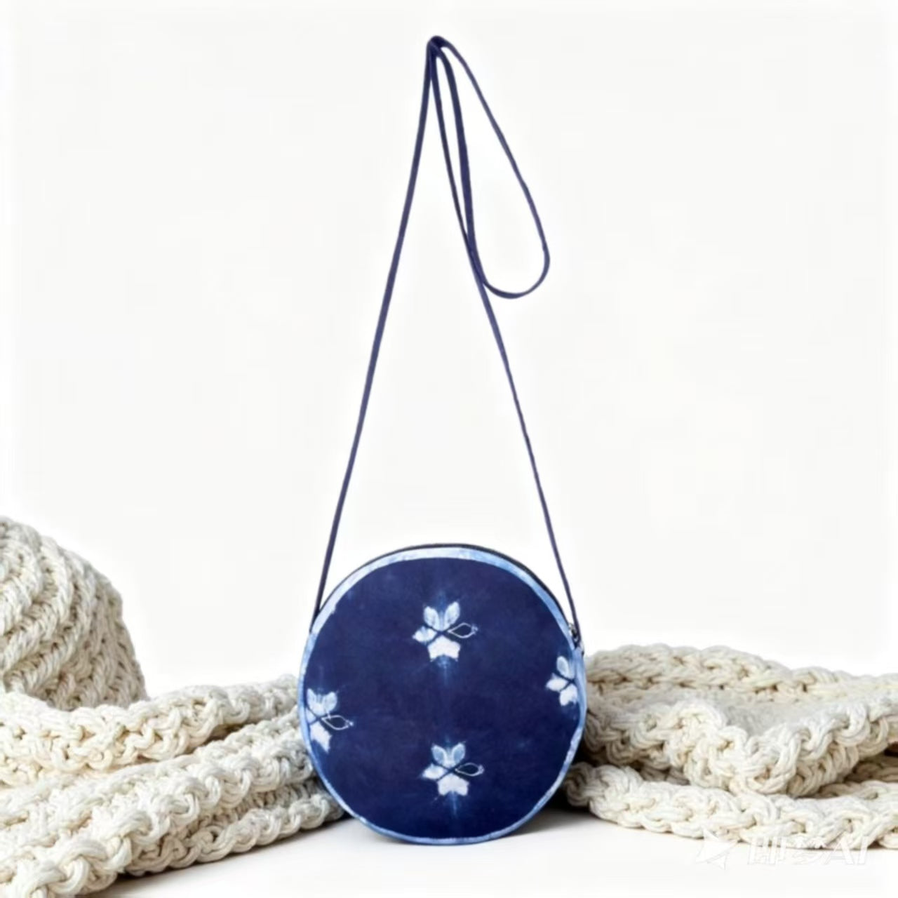 Ethnic-Style Hand-Tied Dye Blue Floral Pattern Round Mini Crossbody Bag for Women