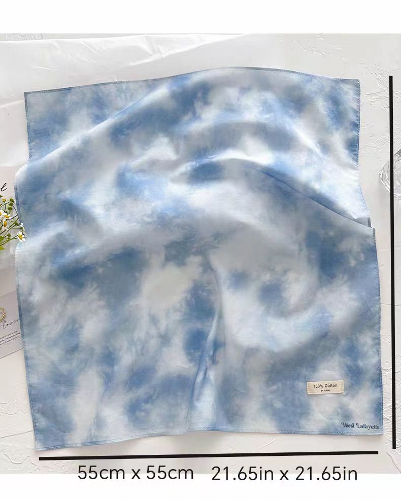 100% Pure Cotton High-Quality Soft and Delicate Blue Tie-Dye Square Scarf for Women - Lightweight Spring/Fall Style Sun Protection Headscarf Decorative Neck Scarf