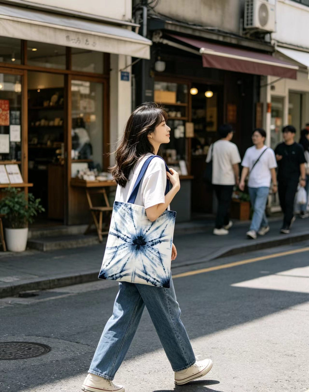 Medium Indigo Radial Tie-Dye Canvas Tote Bag, Eco Friendly Reusable Shoulder Bag for Beach, School & Urban Daily Use