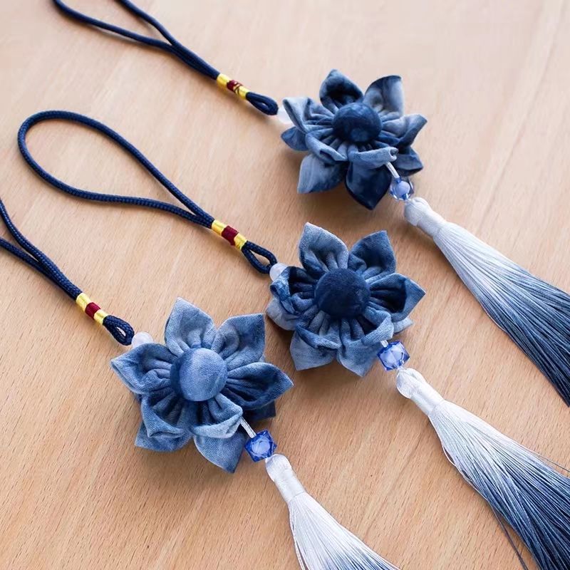 Indigo Fabric Flower Charm – Handmade Tie-Dye Ornament | Artisan Boho Gift