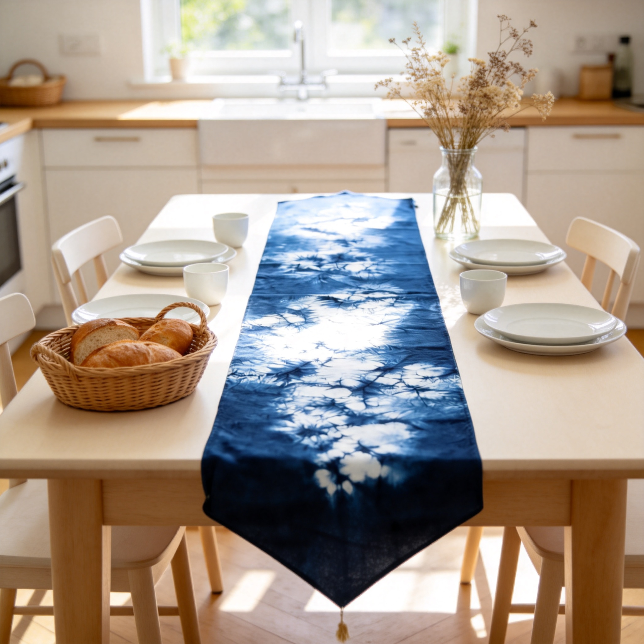 Indigo Tie-Dye Table Runner — Tassels | Hand-Dyed Cotton