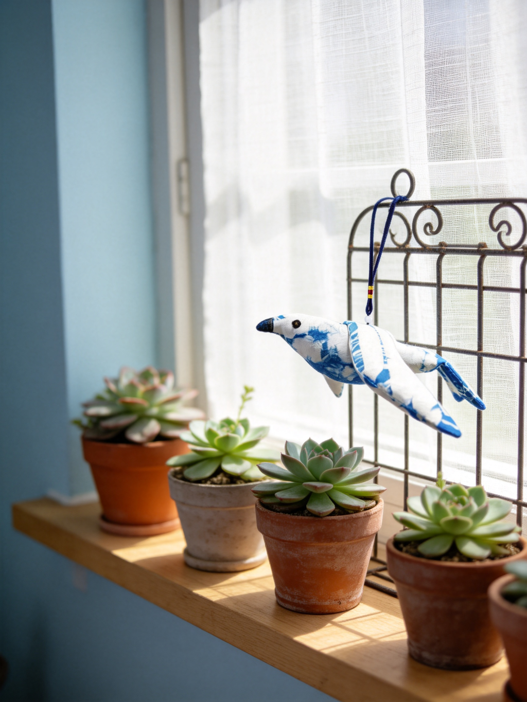 Indigo Tie-Dye Bird Ornament — Hand-Dyed Cotton Hanging Decor