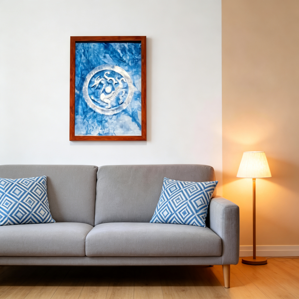 Handcrafted Indigo Wall Art | Traditional Chinese Tie-Dye Circular Relief, Framed Cotton Textile