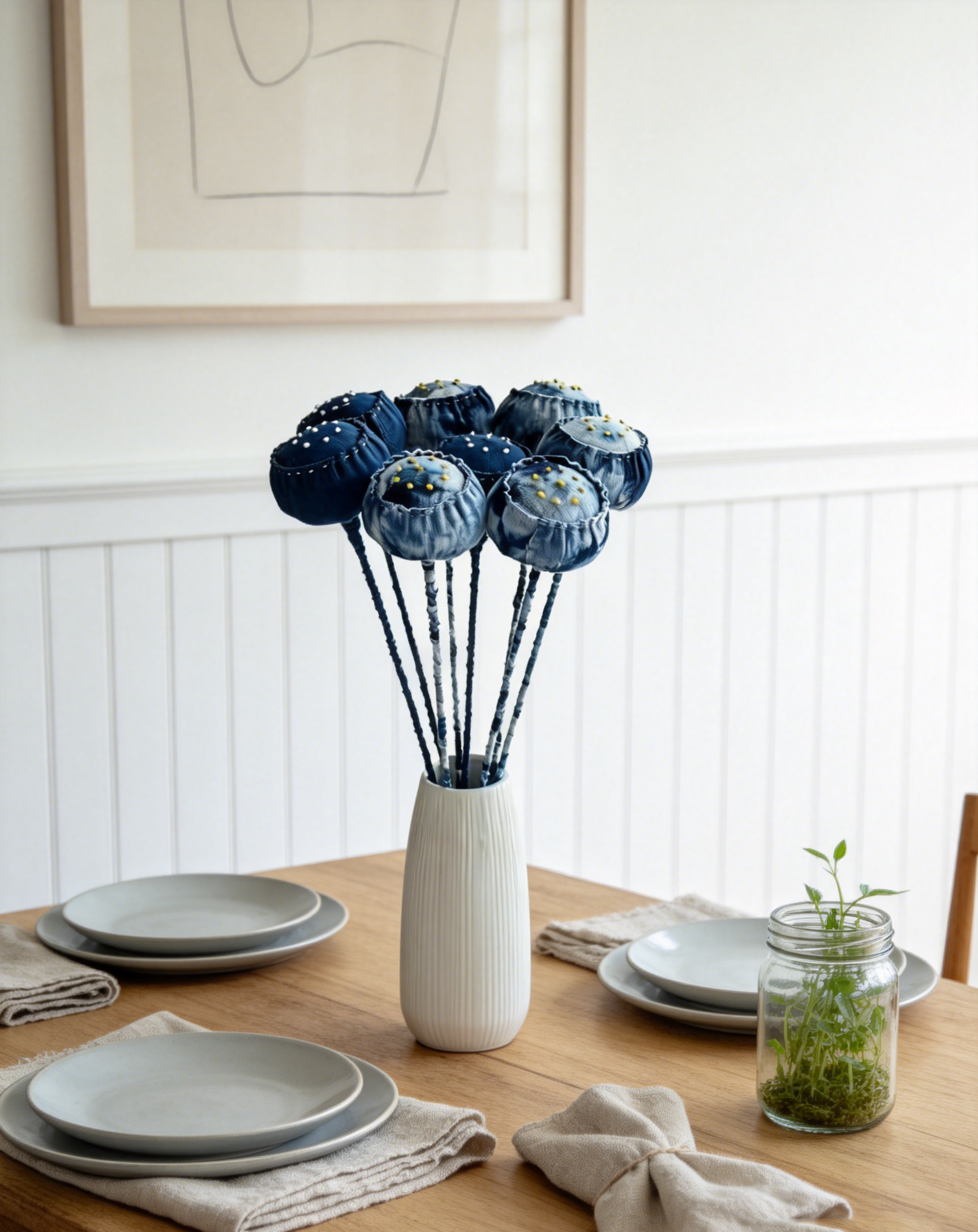 Hand-Dyed Indigo Lotus Pod | 3D Batik Cotton Fabric Floral Decor
