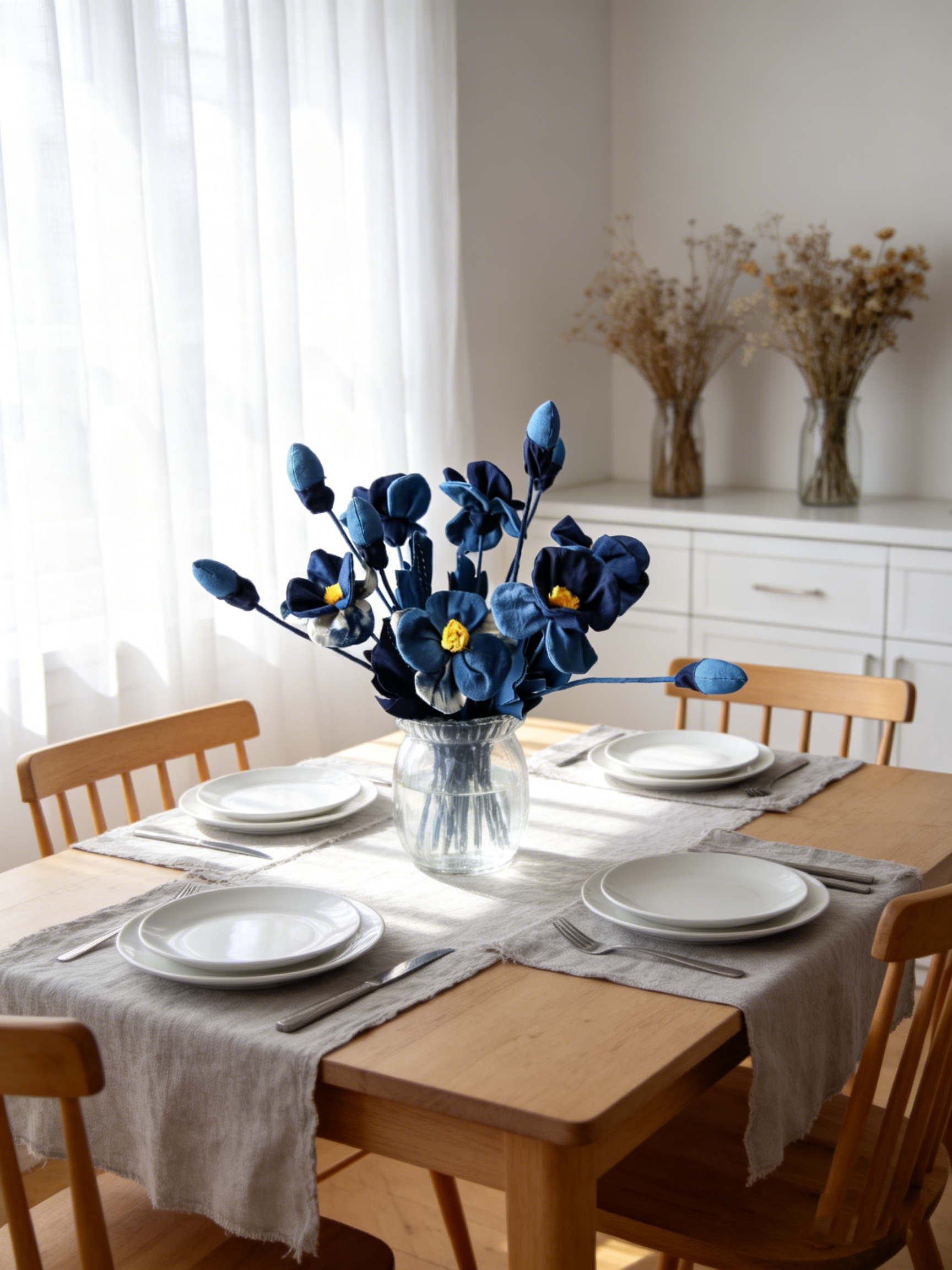 Hand-Dyed Indigo Fabric Flowers | 3D Cotton Floral Home Decor